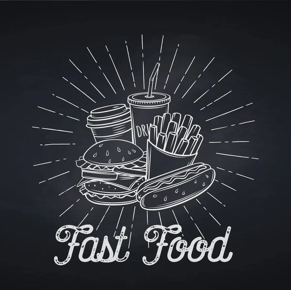 Fast Food Ikone Tafel Stil Vektorillustration Gravierte Würstchen Getränke Pommes — Stockvektor