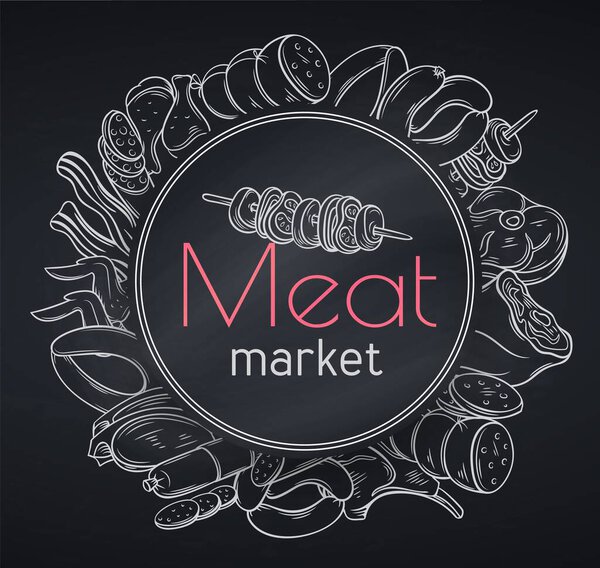 Blackboard meat banner. Decorative hand drawn meat product in old style for the design food meat production , brochures, banner, restaurant menu and market.