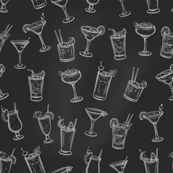 アルコールカクテルのシームレスなパターン 夏のアルコール飲料 休日やビーチパーティーのベクトルの背景を彫刻 長い島 血の海 マルガリータ マイタイ ピナコラダ ブルーラグーン — ストックベクタ