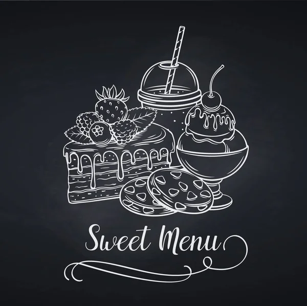 Sweets Icon Chalkboard Style Engraved Ice Cream Lemonade Cookies Cake — Stock Vector