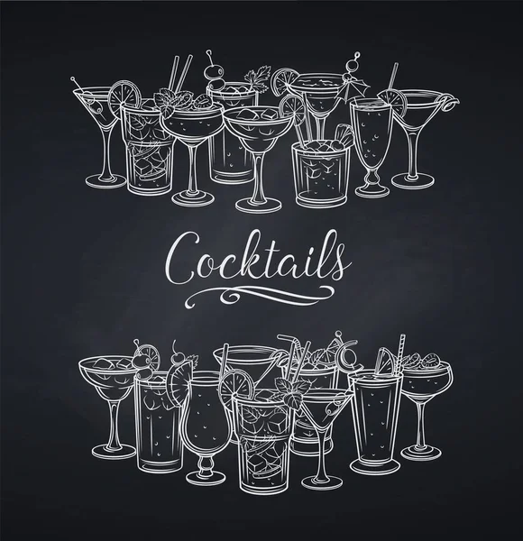 Bannière Cocklails Alcoolisés Tableau Boissons Alcoolisées Plage Été Gravure Vacances — Image vectorielle