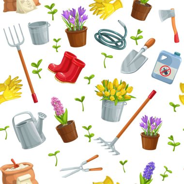 Aletler, çiçekler, lastik botlar, fidanlıklar, laleler, bahçıvanlık konserveleri veya gübre, eldiven, krokus vs. ile bahçesiz bahçe işleri. Tasarım bahçesi merkezi için. Vektör illüstrasyonu.
