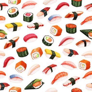 Kusursuz desenli suşi ruloları. Deniz ürünleri dükkânı tasarımı için Japon gıda geçmişi. Vektör illüstrasyonu.