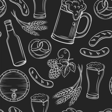 Biranın pürüzsüz şekli. Siyah bar düzeni, bira ikonlarının oyması. Vektör illüstrasyonu