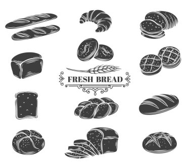 Ekmek kabartma simgeleri ayarlandı. Çavdar, tam tahıl ve buğday ekmeği, ciabatta, kruvasan, tost ekmeği, Fransız ekmeği. Dekoratif retro tarzı koleksiyon dükkan tasarımı için izole edilmiş fırın. Vektör illüstrasyonu.