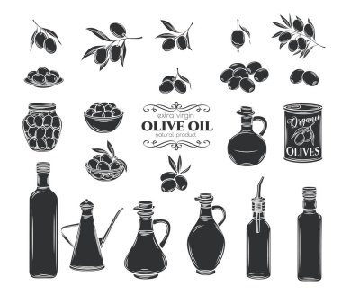 Zeytinyağı ve zeytinyağı sembolleri hazır. İzole ağaç dalları, cam şişe, sürahi, yağlı metal şeker kutusu. Retro biçimi, vektör çizimi.