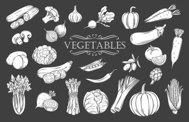 Sebze kabartmaları izole edilmiş ikonlar. Siyah vektör illüstrasyonunda beyaz vegan ürün menüsü, market etiketi ve mağaza.