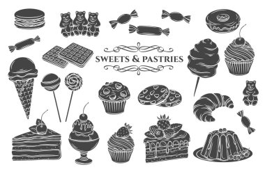 Şekerlemeler ve tatlılar izole edilmiş kabartma sembolleri. Beyaz tatlıya sade, şekerli dondurma, makarna ve puding. Donut ve pamuk şeker, kek, waffle, bisküvi ve jöle. Vektör illüstrasyonu.