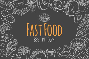 Fast food düzeni, sayfa şablonu, kafe menüsü tasarımı. Atıştırmalık, hamburger, patates kızartması, sosisli, taco, kahve, sandviç ve dondurma içeren vektör çizimi