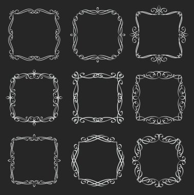 Kare çerçeveler ayarlandı. Kaligrafik tasarım elementleri. Monogram retro etiketleri. Siyah üzerine beyaz, vektör illüstrasyonu.