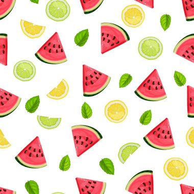 Karpuz dilimleri, kireç, nane ve limon ile kusursuz desen. Vektör çizimi. Yaz ferahlatıcı meyve arkaplanı.