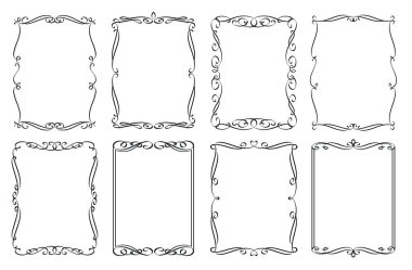 Eski çerçeveler. Düğün kaligrafik dikdörtgen set çerçevesi, süslü kenar, dekoratif tipografi sayfası şablon davetiyesi, sertifika dekorasyonu, menü tasarımı. Vektör illüstrasyonu.