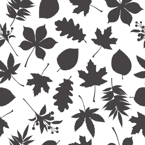 Seamless Pattern Autumn Leaves Monochrome Maple Oak Elm Chestnut Japanese — Stock Vector