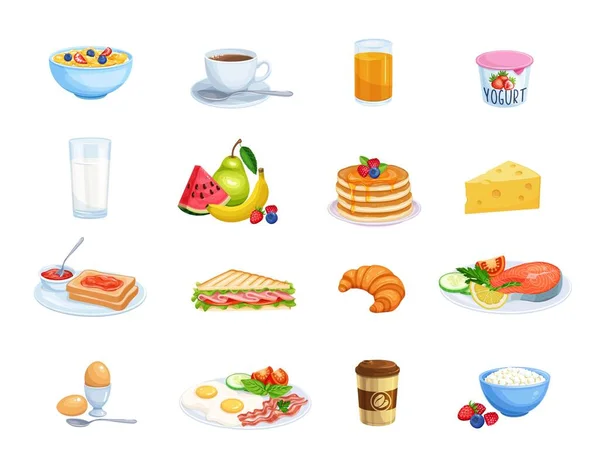 Breakfast Icons Milk Coffee Cup Juice Fruits Fish Sandwich Fried — Stock Vector