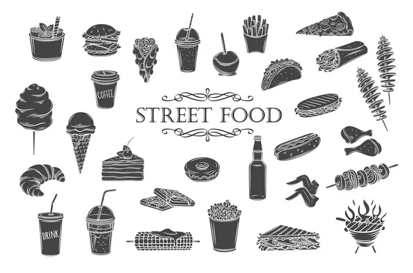 Street Food Symbole Essen Zum Mitnehmen Silhouetten Vektorillustration Für Menü — Stockvektor