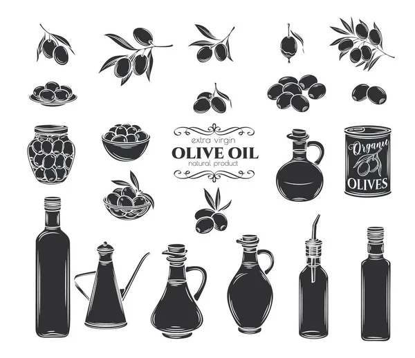 Oliven Und Olivenöl Glyphen Gesetzt Vereinzelte Äste Glasflasche Krug Metallspender — Stockvektor