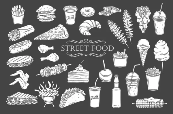 Street Food Symbole Weiß Auf Schwarz Isolierte Silhouetten Von Essen — Stockvektor
