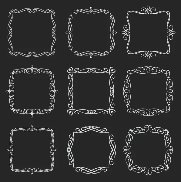 Bloeit Vierkante Frames Set Calligrafisch Ontwerp Elementen Monogram Retro Etiketten — Stockvector