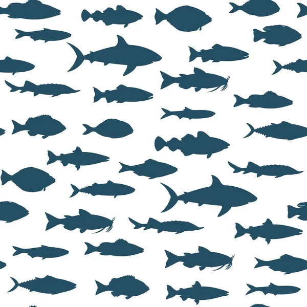 Silhouettes Fish Seamless Pattern Seafood Wallpaper Vector Illustration — Stock Vector