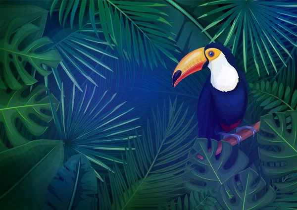 Tropische Bladeren Toucan Lay Out Concept Met Jungle Bananenblad Exotische — Stockvector