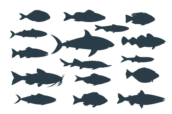 Sylwetki Ryb Ikony Owoców Morza Ilustracja Wektora — Wektor stockowy