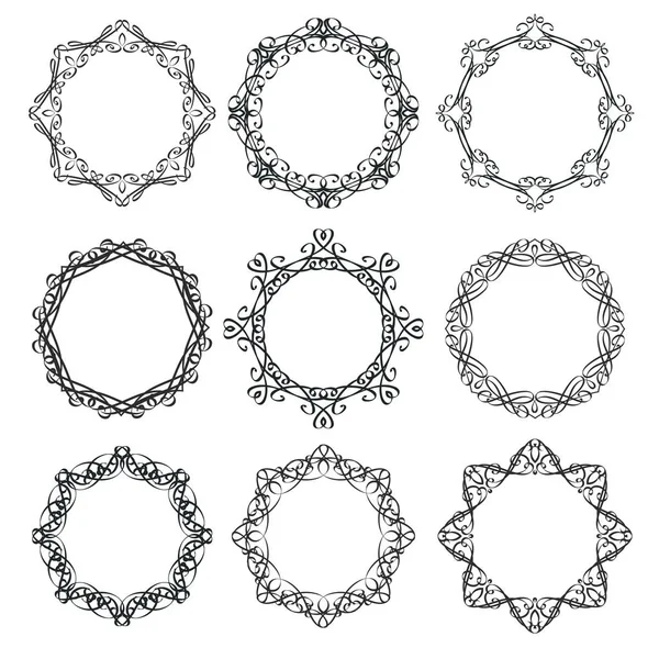 Kulaté Kaligrafické Rámce Rozvíjí Vinobraní Filigránové Kruhové Prvky Retro Obrys — Stockový vektor
