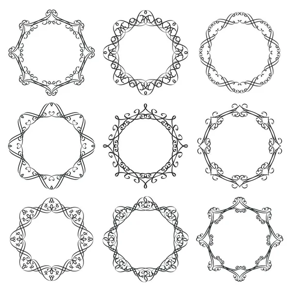 Ronde Kalligrafie Frames Bloeit Vintage Randen Filigraan Cirkel Elementen Retro — Stockvector