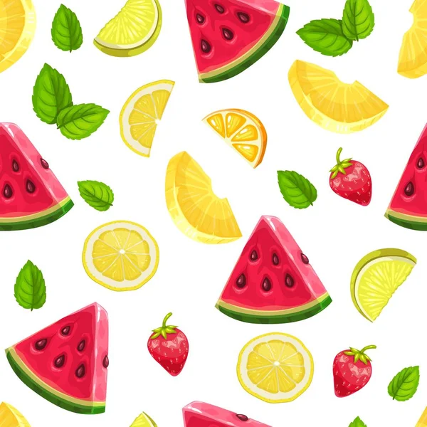 Seamless Pattern Watermelon Slices Strawberry Lime Mint Lemon Vector Illustration — Stock Vector