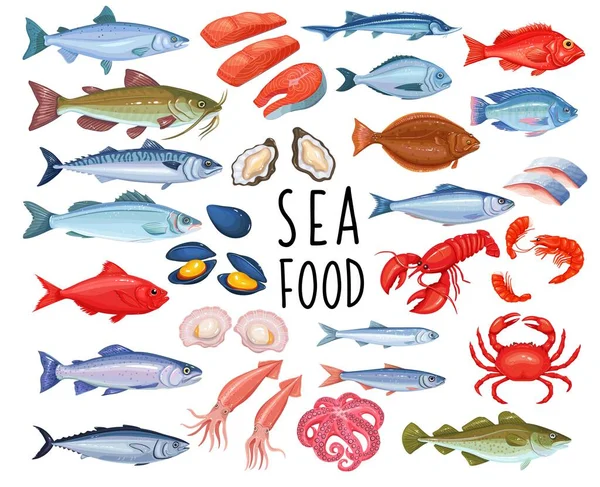 Deniz Ürünleri Balık Ikonları Istakoz Kalamar Ahtapot Midye Balık Somonu — Stok Vektör