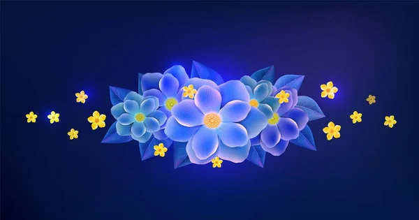 Blauwe Horizontale Banner Met Bloemen Promotie Sjabloon Met Heldere Lentebloemen — Stockvector