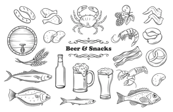 Bier Snacks Pub Shop Iconen Vlees Vis Friet Fles Glas — Stockvector