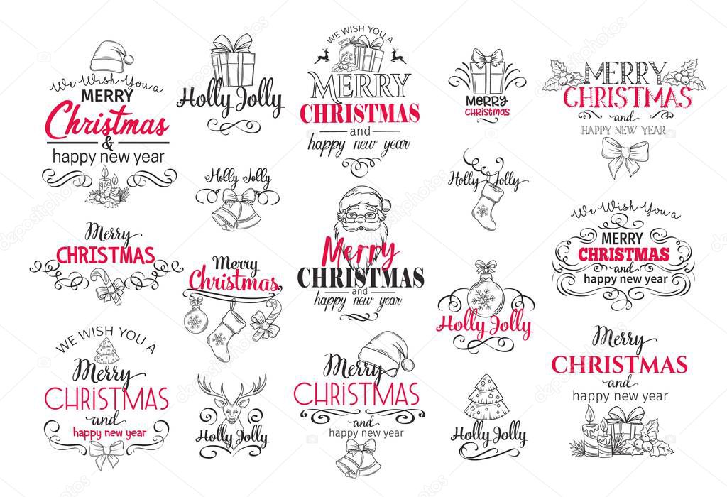 Vector Merry Christmas festive typography set for celebration design. Holidays label, logo, emblems with lettering design for greeting cards, gifts etc.