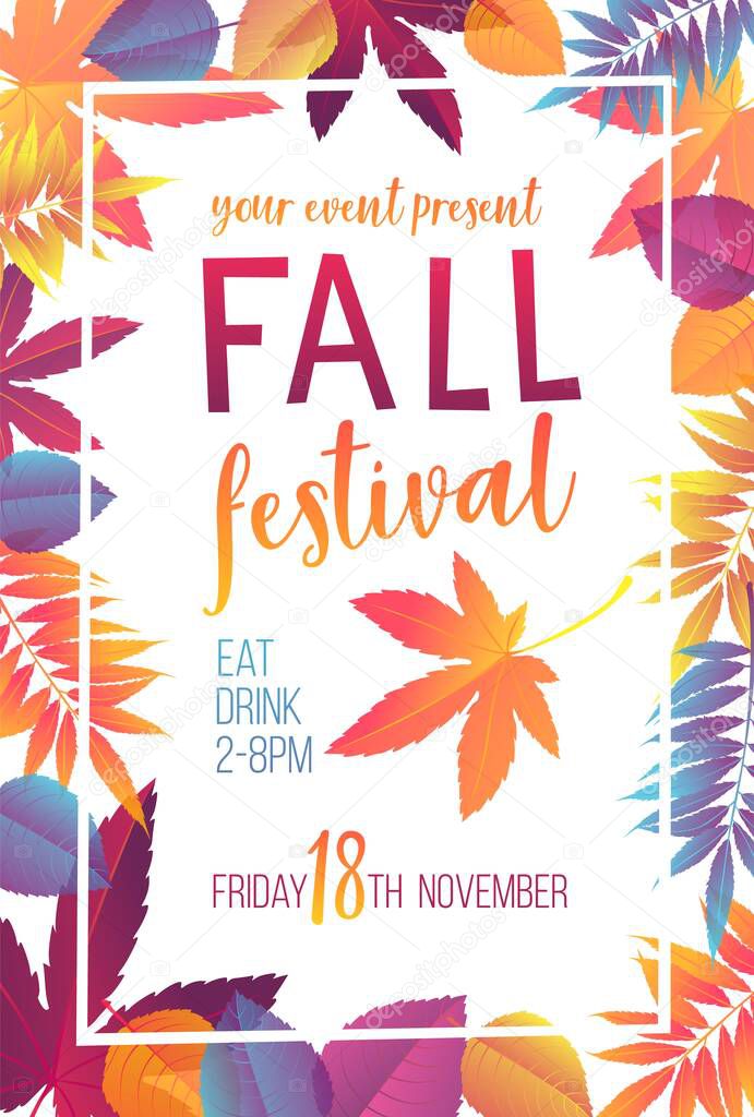 Seasonal fall festival poster or flyer with gradient bright autumn foliage. Autumn vector illustration.