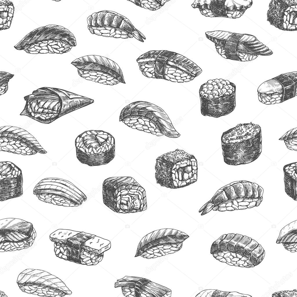 Seamless pattern sushi rolls, hand drawn monochrome background of japanese food for seafood shop design. Vector illustration.