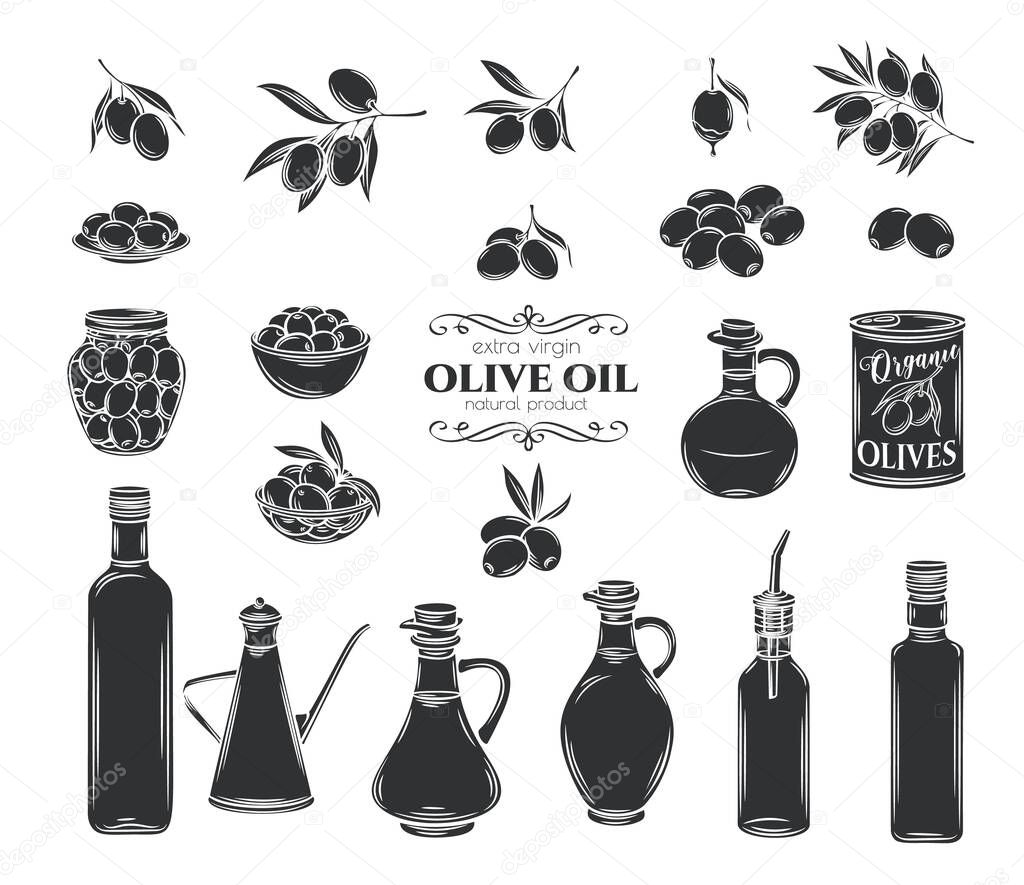 Olives and olive oil glyph icons set. Isolated tree branches, glass bottle, jug , metal dispenser with oil. Retro style, vector illustration.