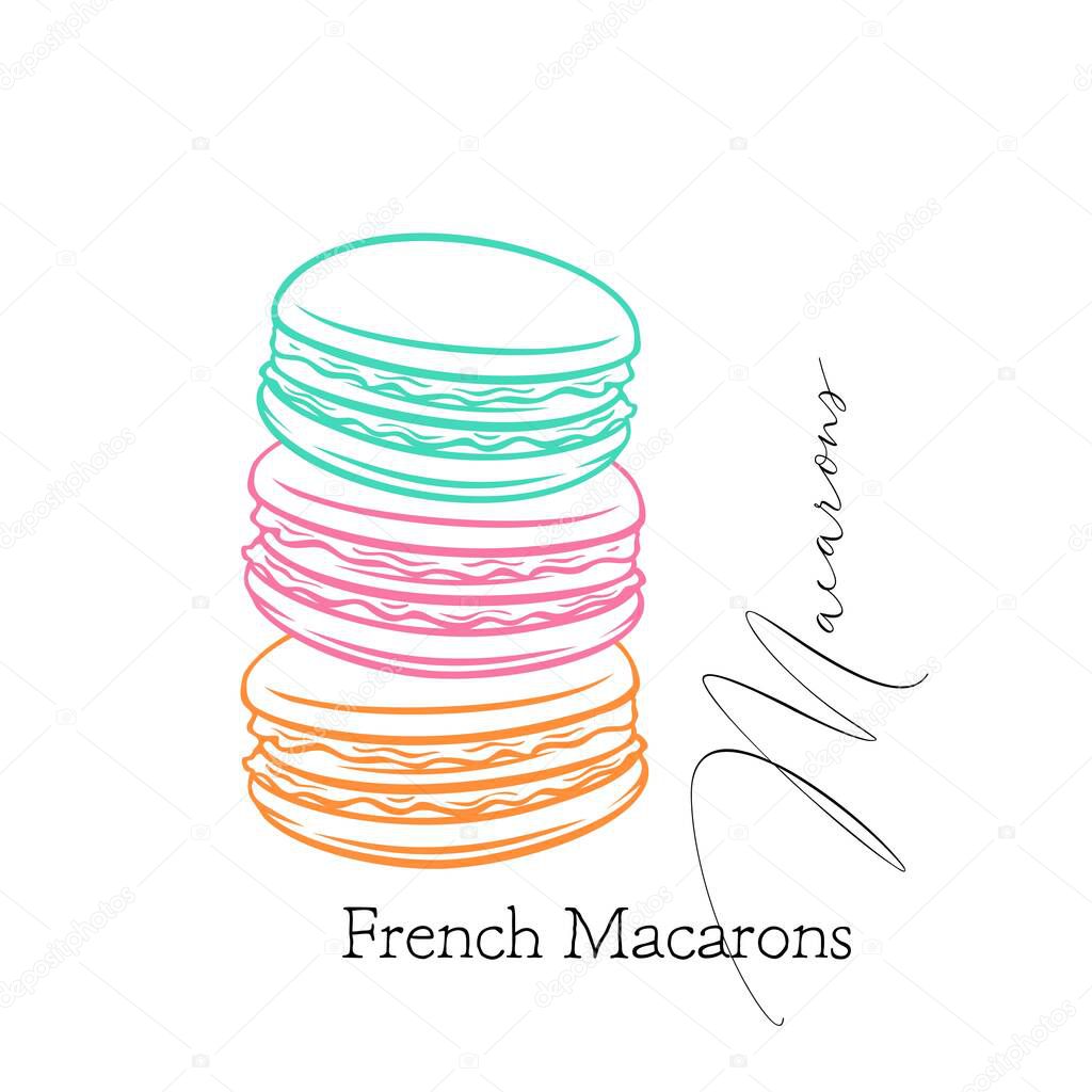 Macarons outline. Banner of pastry for cafe design. French cookies macaron, sketch vector illustration.