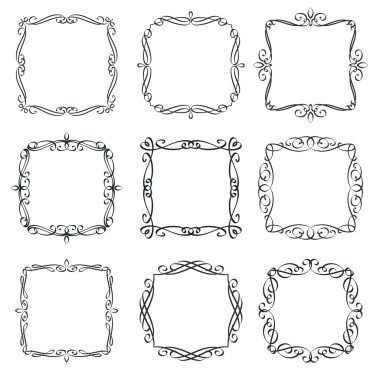 Şatafatlı vintage çerçeve seti. Kaligrafik tasarım unsurları, süslü kenar, dekoratif tipografi sayfası şablon davetiyesi. Monogram retro etiketleri. Vektör illüstrasyonu.