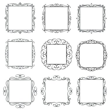 Şatafatlı vintage çerçeve seti. Kaligrafik tasarım unsurları, süslü kenar, dekoratif tipografi sayfası şablon davetiyesi. Monogram retro etiketleri. Vektör illüstrasyonu.