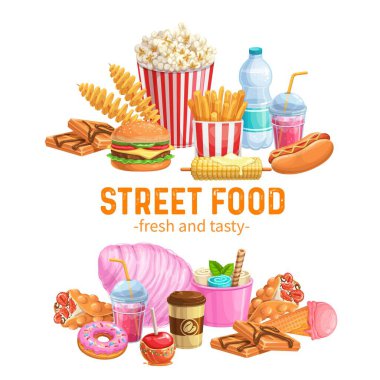 Sokak yemeği afişleri. Kabarcıklı waffle, Hong Kong, sarmal patates cipsi, limonata ve karamelli elmayla servis edilen yemekler. Vektör çizimi fast food patates kızartması, hamburger ya da sosisli sandviç.