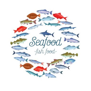 Çipura, uskumru, tunny ya da sterlet, yayın balığı, morina balığı ve halibut içeren vektör balık pankartı. Çizgi film ikonu tilapia, okyanus levreği, sardalya, ançüez, köpekbalığı, levrek ve dorado..