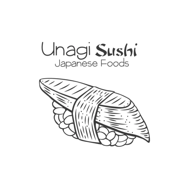 Esquema Sushi Unagi Icono Comida Tradicional Japonesa Con Anguila Ilustración — Vector de stock