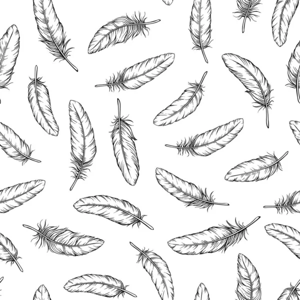 Feather Seamless Pattern Isolated Feather Bird Outline Textile Fabric Background — Stock Vector