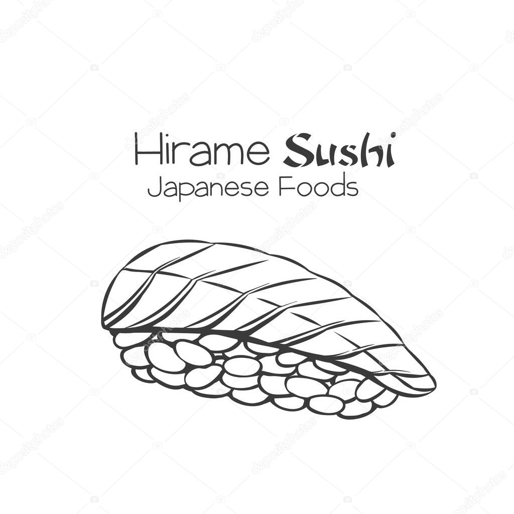 Hirame sushi outline. Japanese traditional food icon. Isolated hand drawn seafood vector illustration.