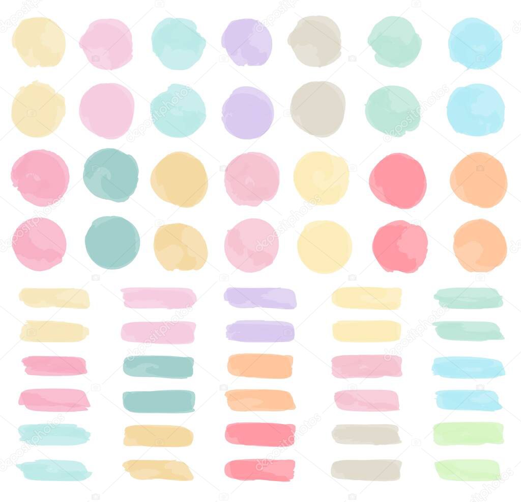 Watercolor strokes and blotches. Paint blobs and daubs, abstract dash lines or brushstrokes spots vector design elements of pastel color.