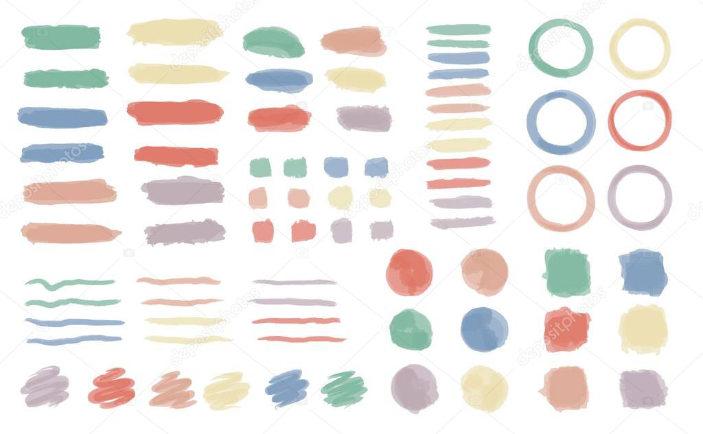 Watercolor strokes and blotches. Vector paint blobs and daubs, abstract dash lines or brushstrokes spots frames and borders design elements of pastel color.