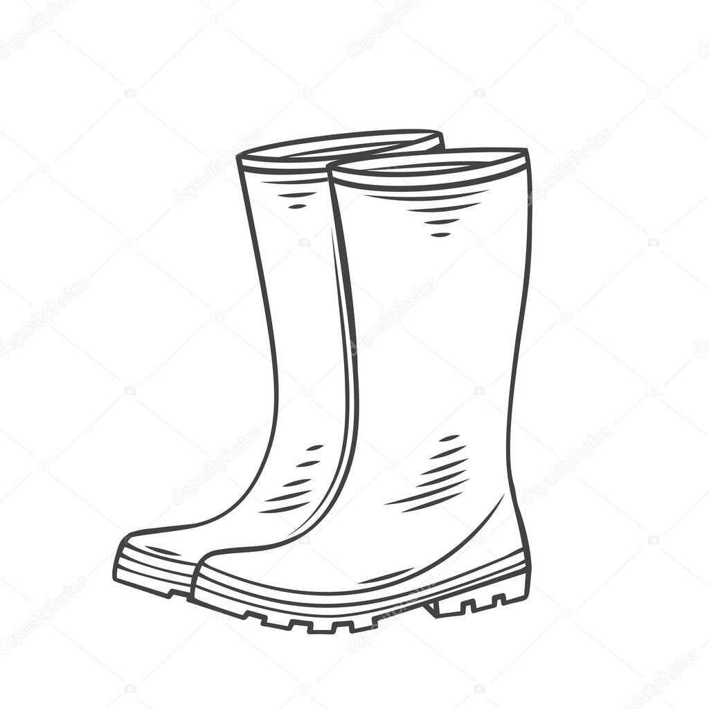 Rubber Garden boots. Protection shoes, waterproof footwear or working uniform. Waterproof footwear. Outline vector illustration.