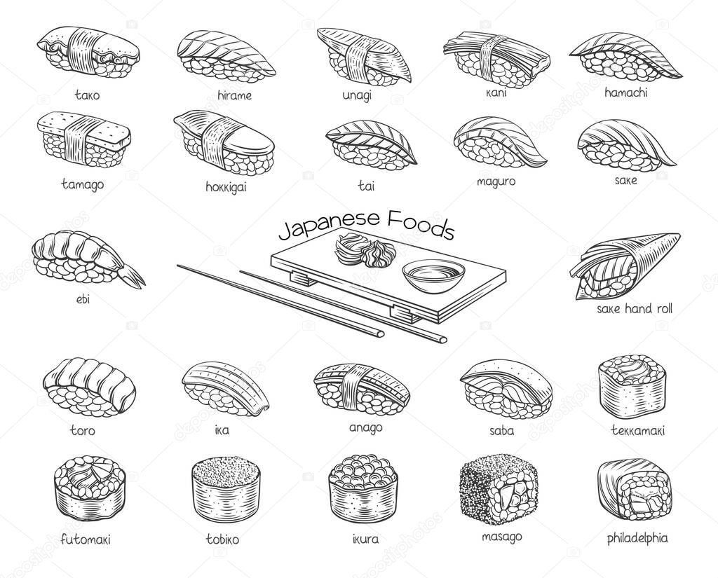 Sushi rolls outline set. Japanese food for sushi rolls shop bar menu, banner, flyer, card and etc.