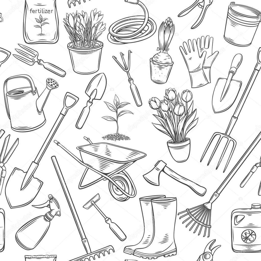 Gardening tools and flowers seamless pattern. Outline vector background with rubber boots, seedling, tulips, gardening can and cutter. Engraved fertilizer, glove, crocus, insecticide, wheelbarrow
