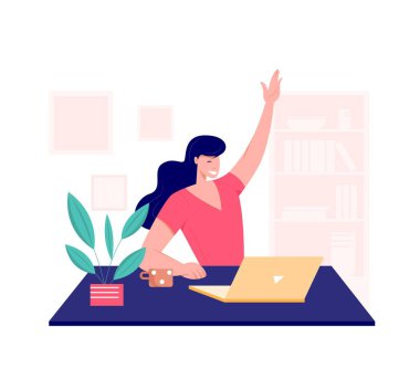 Çevrimiçi sınıf tanışma konsepti. Genç bayan öğretmen, üniversite öğretmeni ya da sınıfta konuşan öğrenci. Bilgisayarda uzaktan eğitim veren sanal sınıf yakınlaştırma konferansı ile çevrimiçi ders.