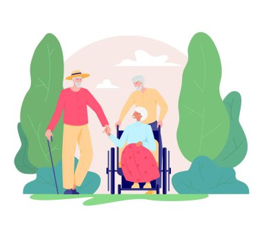 Dışarıda yürüyen bir grup yaşlı insan.